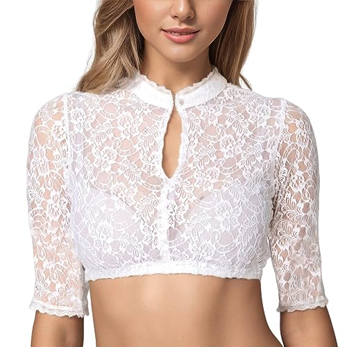 Dirndl Bluse Damen Flügelärmel - Trachtenbluse Weiß Dirndlbluse Hochgeschlossen Kurzarm DirndlBlusen V Ausschnitt Trachtenbluse Stehkragen Trachten Oktoberfest Oberteil von Generic
