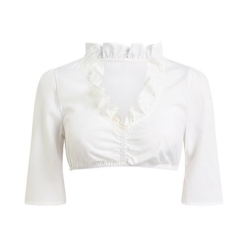 Dirndl Bluse Damen Kurzarm Baumwolle Trachten Trachtenbluse Spitze Weiß Flügelärmel Dirndl Dirndlbluse Hochgeschlossen Oktoberfest Kostüm Elegante Spitzenbluse Hollow Out Tracht Bluse (F3-White, XXL) von Generic