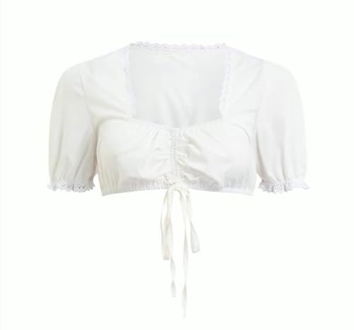 Dirndl Bluse Damen Kurzarm Baumwolle Trachten Trachtenbluse Spitze Weiß Flügelärmel Dirndl Dirndlbluse Hochgeschlossen Oktoberfest Kostüm Elegante Spitzenbluse Hollow Out Tracht Bluse (Z3-Beige, M) von Generic