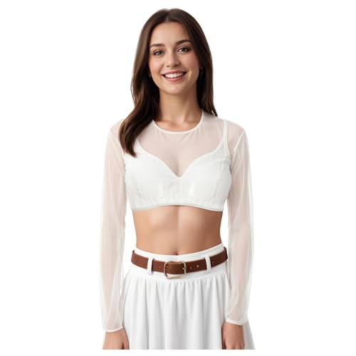 Dirndl Bluse Damen Langarm Dirndlbluse Weiß Chiffon Dirndlblusen Rundhalsausschnitt Trachtenbluse Oktoberfest Trachten Blusen Stehkragen Tracht Oberteil (White, M) von Generic