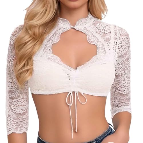 Dirndl Bluse Damen Spitze Hochgeschlossen Dirndlbluse Brustausschnitt Trachtenblusen mit Tab-Kragene Langarm Tracht Bluse Bayrische Spitzenbluse Traditionelle Oktoberfest Dirndlblusen (Beige, L) von Generic