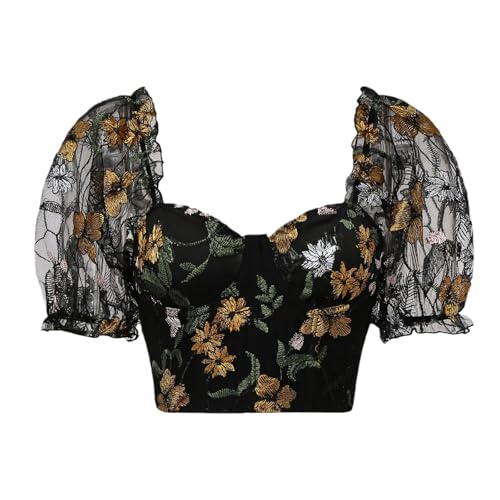 Dirndl Bluse Damen V Ausschnitt - Schwarz Trachtenbluse Puffärmel Spitze Dirndlbluse Damen Transparent Tracht Karneval Trachtenmode Elegante Trachtenmode für Oktoberfest & Bierfest von Generic