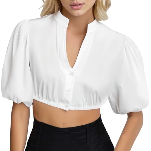 Dirndl Bluse Damen Weiß Elegante Halbarm Dirndlbluse Puffärmel Trachtenbluse Stehkragen V Ausschnitt Schlicht Halbarmbluse Blickdicht Trachten Bluse für Oktoberfest Outfit White M von Generic