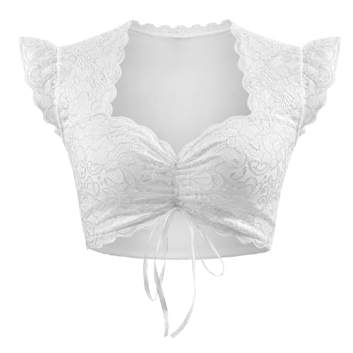 Dirndl Bluse Damen Weiß Kurzarm Flügelärmel V-Ausschnitt Stehkragen Trachtenbluse für Oktoberfest Traditionell Spitze Weiss Blusen von Generic