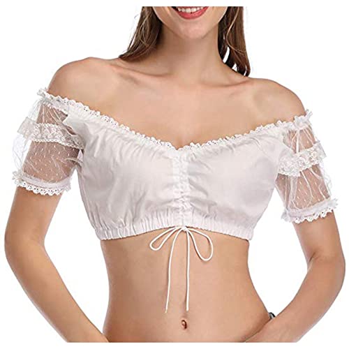 Dirndl Bluse Damen mit Spitze -Oktoberfest Dirndlbluse Damen Kurzarm,Trachtenbluse Damen Weiß Schulterfrei Trachten Bluse mit Kordelzug Karneval Halloween Bavarian Oktoberfest Kostüm für Frauen von Generic