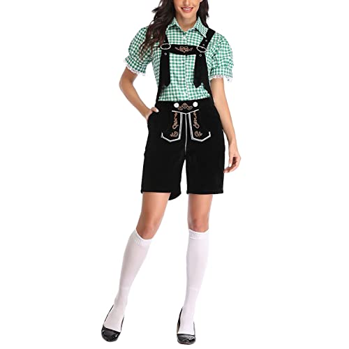 Dirndl Damen, Trachtenlederhosen Für Damen Trachten Kurz Lederhose und Kariert Bluse für Oktoberfest Besondere Anlässe Trachtenhose Hotpants mit Hosenträger Oktoberfest Damen Outfit von Generic