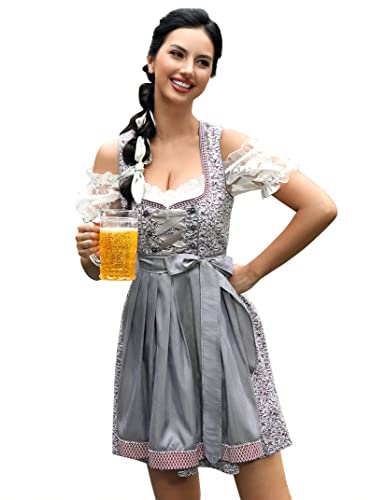 Dirndl Damen 3tlg.Trachtenkleid Oktoberfest Kleid Karneval Kostüm Midi Oktoberfest-DREI Teilig: Kleid, Bluse, Schürze Grau 36 von Generic