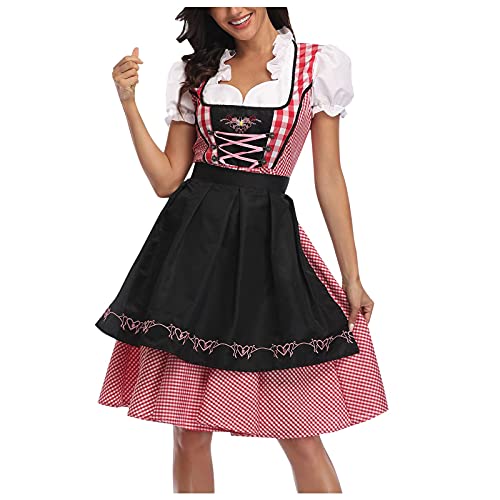 Dirndl Damen Kurz-Oktoberfest Dirndlkleid Damen-Trachtenkleid Damen Knielang Rot Trachtenrock Kariertes Trachtenmode Kleid 2 Teilig Dirndl Set Kleid +Schürze Oktoberfest Kostüm Karneval Cosplay von Generic
