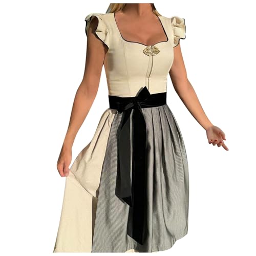 Dirndl Damen Lang Dirndlkleid - Kostüm Hochgeschlossen Spitzenschürze Karneval Set Große Größen Trachtenkleid Midi Samt Blau Inkl. Dirndlschürze von Generic
