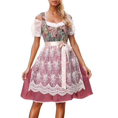 Dirndl Damen Midi, Dirndlkleid Elegant Lang, Oktoberfest Damen Outfit Dirndl Schürze Komplettsets Spitze Schwarz Rosa, Oktoberfest Kostüm Kleidung von Generic