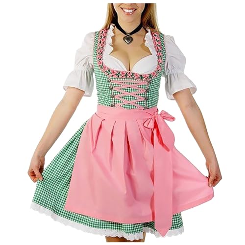 Dirndl Damen Midi Lang Günstig Elegante Oktoberfest Kostüm Trachtenkleid Bavarian Spitze GroßE Größen Outfit Cosplay (A8-Green, S) von Generic