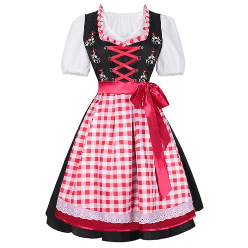 Dirndl Damen Midi Oktoberfest Outfit 2024 Komplett Set Trachtenkleid + Dirndlbluse + Dirndlschürze 3 teilig Dirndel Trachtenrock Trachten Kleid Dirndlkleid Party Kostüm (04-Red, S) von Generic