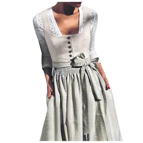 Generic Damen Dirndl Midi - Trachtenkleid für Erwachsene Frauen in Grey, Dark Blue mit Polka-Punkt und Rosa karierter Schürze - Oktoberfest Outfit von Generic
