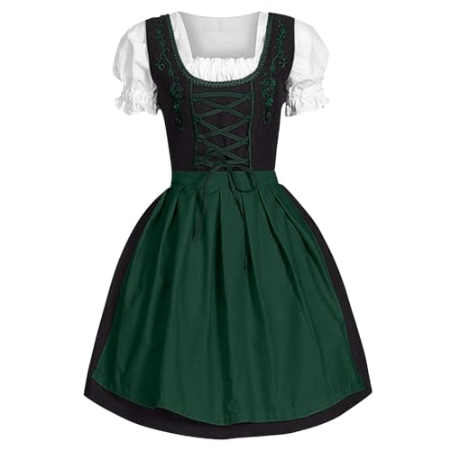 Dirndl Damen Midi Trachtenkleid Schlicht Outfit Trachtenmode Vintage Set Elegant Kostüm Inkl. Dirndlschürze Lang Komplettsets (Dark Green-B, M) von Generic