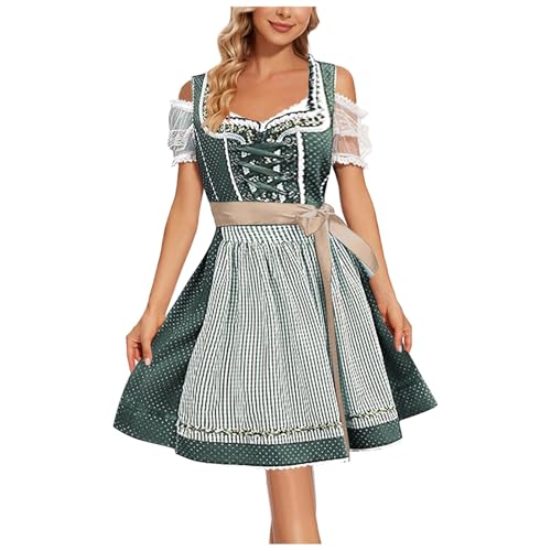 Dirndl Damen Midi Trachtenkleid Schlicht Outfit Trachtenmode Vintage Set Elegant Kostüm Inkl. Dirndlschürze Dirndl Damen midi Lang Dirndl Trachtenkleid Dirndl-Komplettsets (Dark Green-I, XXL) von Generic