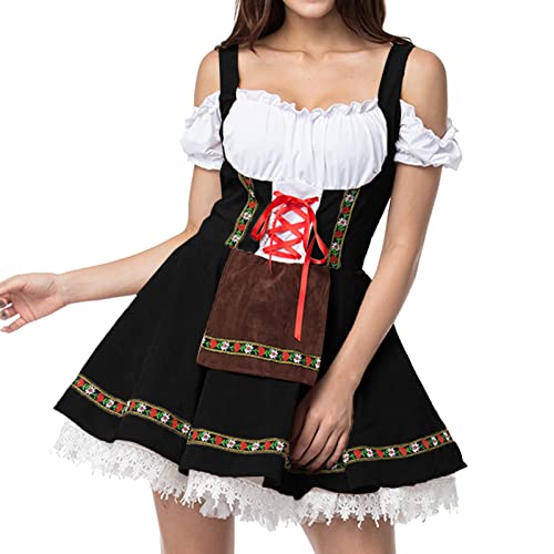 Dirndl Damen Midi Trachtenkleid Schlicht Outfit Trachtenmode Vintage Set Elegant Kostüm Inkl. Dirndlschürze Dirndl Damen midi Lang Dirndl Trachtenkleid Dirndl-Komplettsets Trachtenmode (Black-L, XXL) von Generic
