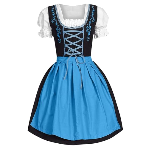 Dirndl Damen Midi Trachtenkleid Schlicht Outfit Trachtenmode Vintage Set Elegant Kostüm Inkl. Dirndlschürze Dirndl Damen midi Lang Dirndl Trachtenkleid Dirndl-Komplettsets Trachtenmode (Blue-B, M) von Generic