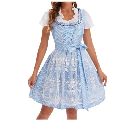 Dirndl Damen Midi Trachtenkleid Schlicht Outfit Trachtenmode Vintage Set Elegant Kostüm Inkl. Dirndlschürze Dirndl Damen midi Lang Dirndl Trachtenkleid Dirndl-Komplettsets Trachtenmode (Blue-K, XL) von Generic