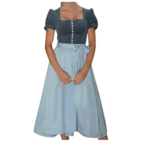 Dirndl Damen Midi Trachtenkleid Schlicht Outfit Trachtenmode Vintage Set Elegant Kostüm Inkl. Dirndlschürze Dirndl Damen midi Lang Dirndl Trachtenkleid Dirndl-Komplettsets Trachtenmode (Grey-E, XL) von Generic