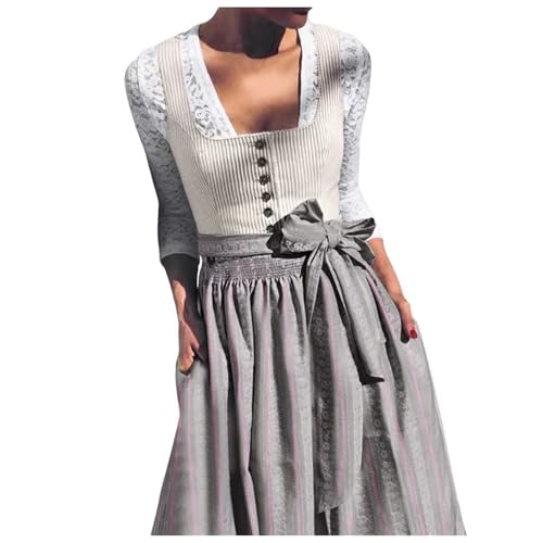 Dirndl Damen Midi Trachtenkleid Schlicht Outfit Vintage Set Elegant Kostüm Inkl. Dirndlschürze Lang Komplettsets Trachtenmode (Grey-M, L) von Generic