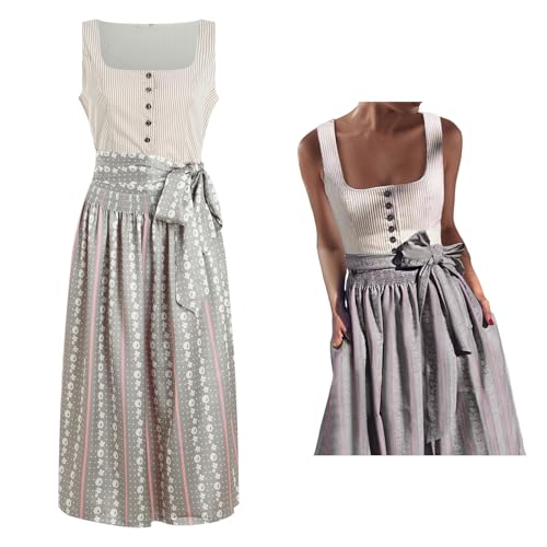 Dirndl Damen Midi Trachtenkleid Schlicht Outfit Vintage Set Elegant Kostüm Inkl. Dirndlschürze Lang Komplettsets Trachtenmode (Grey-M, S) von Generic