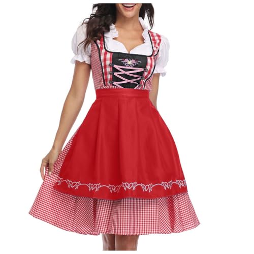 Dirndl Damen Midi Trachtenkleid Schlicht Outfit Trachtenmode Vintage Set Elegant Kostüm Inkl. Dirndlschürze Dirndl Damen midi Lang Dirndl Trachtenkleid Dirndl-Komplettsets Trachtenmode (Red-J, M) von Generic