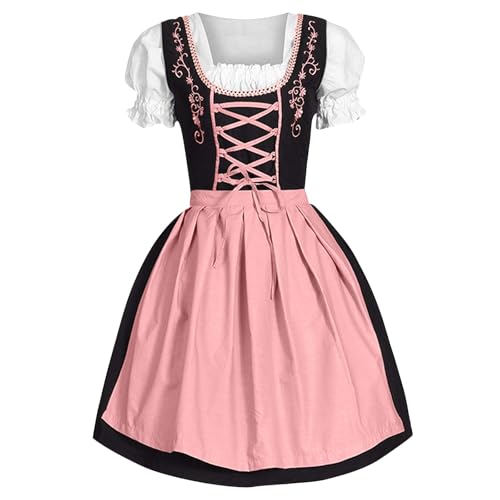 Dirndl Damen Midi Trachtenkleid Schlicht Outfit Vintage Set Elegant Kostüm Inkl. Dirndlschürze Lang Trachtenmode Komplettsets (L) von Generic