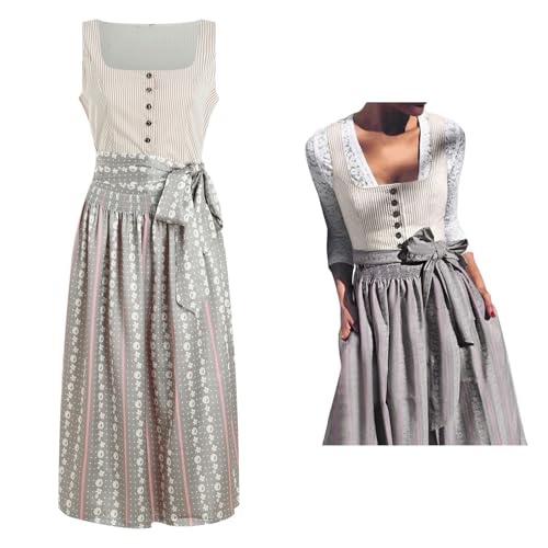 Dirndl Damen Midi Trachtenkleid Schlicht Outfit Trachtenmode Vintage Set Elegant Kostüm Samt Blau Inkl. Dirndlschürze 2024 Damen Dirndl Trachtenkleid Kurz Set 3tlg.Oktoberfest (Grey-M, L) von Generic