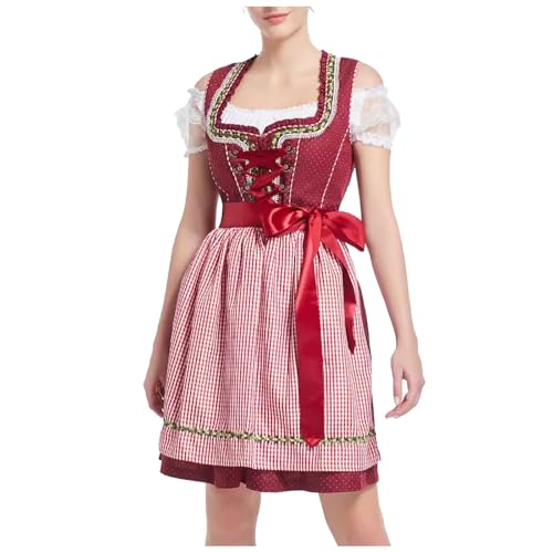 Dirndl Damen Midi Trachtenkleid Trachtenmode Trachtenrock Kleid 2 teilig Dirndlkleid Spitzenschürze für Oktoberfest Besondere Anlässe Dirndl Dirndl midi Trachtenkleid Trachtenmode (15-Red, S) von Generic