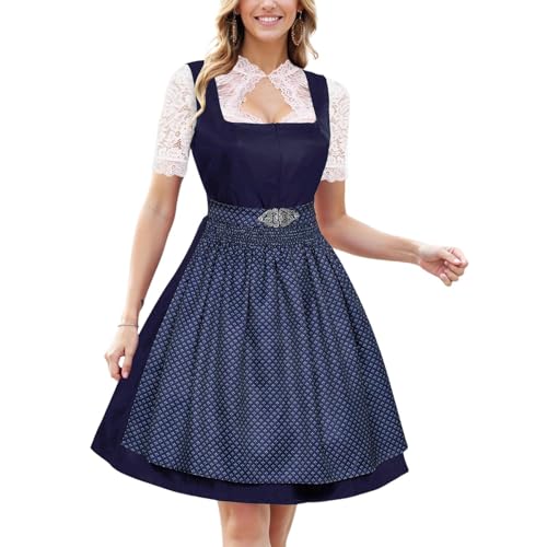 Dirndl Damen Midi Trachtenkleid Trachtenmode Trachtenrock Kleid für Oktoberfest Besondere Anlässe Elegant Dirndl Schürze Komplettsets mit Spitze Dirndlkleid Große Größen (011-Blue, L) von Generic