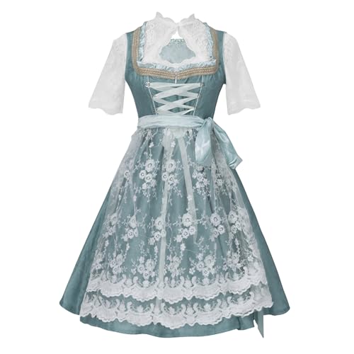 Dirndl Damen Midi Trachtenkleid Trachtenmode Trachtenrock Kleid für Oktoberfest Besondere Anlässe Elegant Dirndl Schürze Komplettsets mit Spitze Dirndlkleid Große Größen (0117-Green, L) von Generic