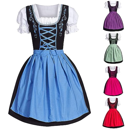 Dirndl Damen Midi Trachtenkleid inkl. Trachtenrock Dirndlbluse Dirndlschürze für Dirndlbluse Oktoberfest Dresses Dirndlkleid Blau Rot Grün Pink (001 Blau, M) von Generic