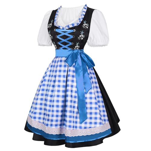 Damen Dirndl Midi Lang Trachtenkleid für Oktoberfest Mit Spitzenschürze - Komplettset: Dirndlkleid, Schürze, Bluse (ZZZZzzC-Blue, S) von Generic