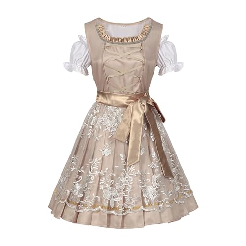 Dirndl Damen Trachten Damen Dirndl Midi Lang Dirndlkleid Tachtenkleid Trachtenkleid für Oktoberfest mit Spitzenschürze Dirndl-Komplettsets: Dirndl Schürze Dirndlbluse Dirndlkleid (ZZZzB-Beige, L) von Generic