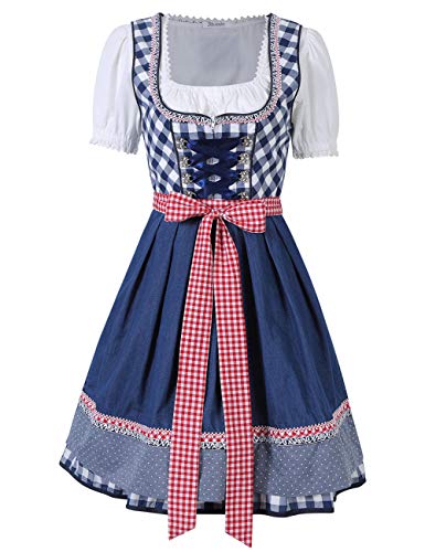 Dirndl Damen Trachtenkleid Trachtenmode Kleidung Oktoberfest Kleid mit Stickerei Karneval Kostüm Midi 3tlg. Oktoberfest-DREI Teilig: Kleid, Bluse, Schürze Blau 34 von Generic