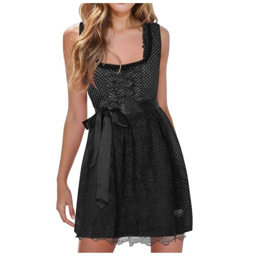 Dirndl Damen Midi Lang Trachtenkleid 3 Teilig - Trachtenrock, Schürze, Dirndlbluse - Trachtenmode Komplettset für Oktoberfest (Black-3, XL) von Generic