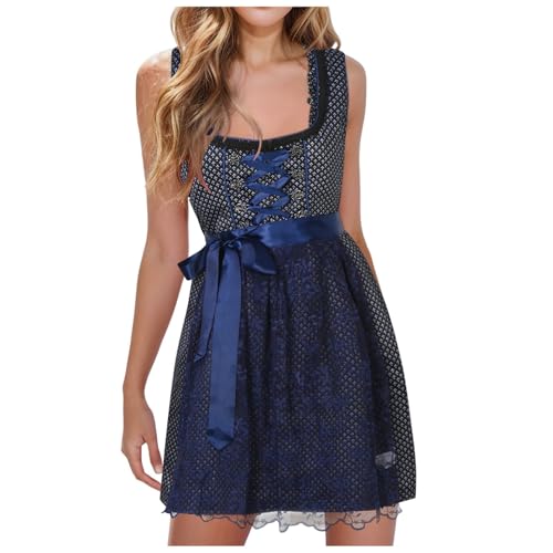 Dirndl Damen Midi Lang Trachtenkleid 3 Teilig - Trachtenrock, Schürze, Dirndlbluse - Trachtenmode für Oktoberfest (Navy-3, M) von Generic