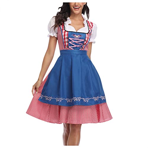 Dirndl Damen midi Trachtenkleid Trachtenmode Trachtenrock Kleid inkl. Dirndlbluse Dirndlschürze 3 teilig für Oktoberfest Besondere Anlässe Armeegrün Schwarz Blau Grün (Blau, L) von Generic