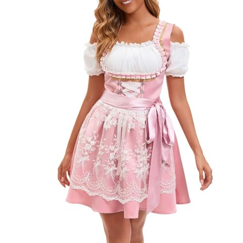 Dirndl für Damen Trachtenkleid Damen | Oktoberfest Outfit mit Spitze Schürze Midi Trachten Kleid 3 Teilig Dirndl Grosse Grössen Pink M Pink von Generic