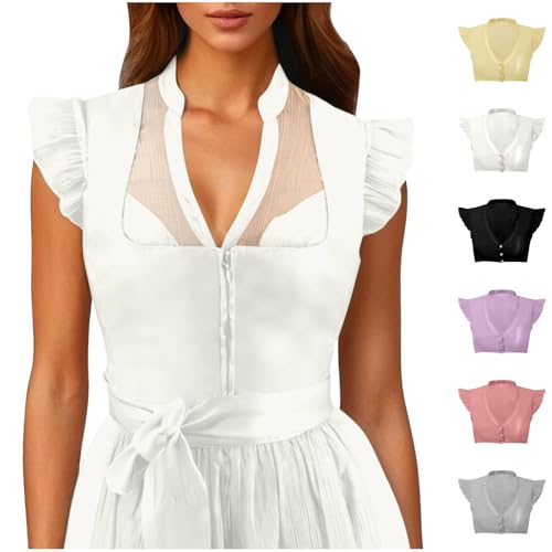 Dirndlbluse Damen Flügelärmel Chiffon Dirndl Bluse Mit V-Ausschnitt Zum Knöpfen Schwarz Weiß Trachten Trachtenblusen Transparent Trachtenmode Für Oktoberfest (001 Weiß, M) von Generic