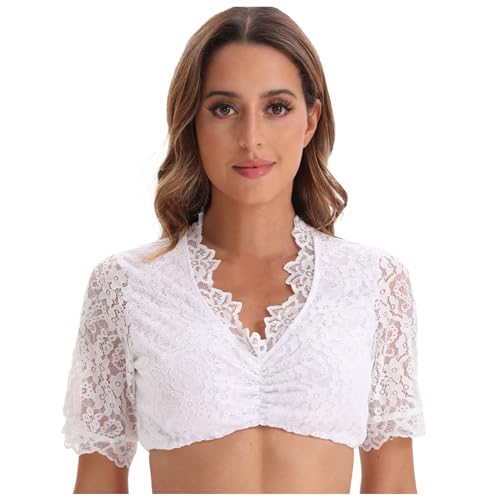 Dirndlbluse Spitze - Dirndl Bluse Damen Kurzarm Brüste Keine Transparente Weiß Dirndlblusen Halbarm Blumen Elegante Spitzenbluse Modern Trachtenbluse für Oktoberfest Bierfest Karneval Outfit von Generic