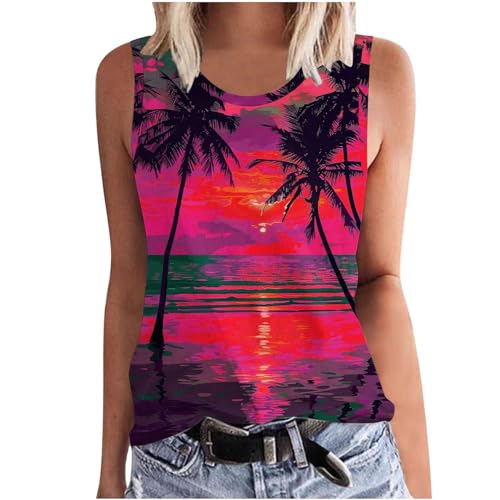 Discounter 2024 Tank Top Damen Hawaii Ärmellos Trägershirt Große Größen Sommermode Rundhals Weste Palmen Grafik Oberteile Sommer Tops Tanktops für Frauen Strand Tanktop Urlaub Trägertop von Generic