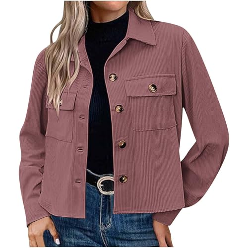 Discounter Cordjacke Damen Kurz Hemdjacke Einfarbig Sweatblazer Autumn Winter Übergangsjacke Langarm Revers Shirtjacke Button Down Cropped Jacke mit Taschen Teenager Mädchen Mantel Freizeitjacke von Generic