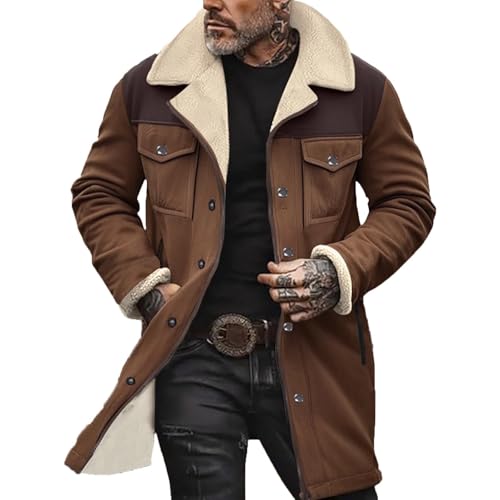 Discounter Lederjacke Herren Vintage Wildlederjacke Warm Gefüttert Winterjacke Winter Jeansjacke mit Taschen Outdoor Ledermantel Revers Wintermantel Reißverschluss Kunstlederjacke Lockerer von Generic