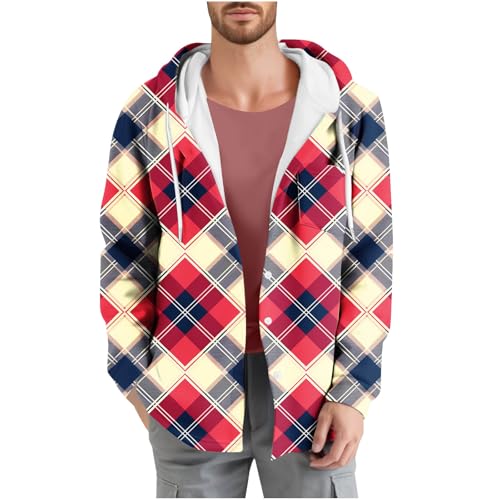 Discounter Sweatjacke Herren Karierte Druck Kapuzenjacke Modish Übergangsjacke Kapuze Button Down Sweatshirt Jacke Loose Fit Sportjacke mit Tasche Langarm Hoodie für Männer Frühling Oberbekleidung von Generic