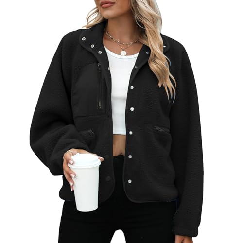 Discounter Teddy Fleecejacke Damen Übergangsjacke Baggy Passform Plüschjacke mit Brusttasche Revers Button-Down College Mantel Warme Plüschmantel mit Reißverschluss Tasche Autumn Winter Teddyjacke von Generic