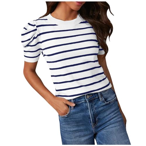 Discounter Trendige Oberteile Damen Gestreifte Tshirt Puffärmel Bluse Slim Fit Sommer Tops Kurzarm Rundhals Pullover Alltäglich Shirt Bequem T-Shirt Blusen Damenblusen Tunika Blusentop von Generic
