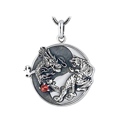 Drachen-Halskette, 925er-Sterlingsilber, Yin-Yang-Halskette, Drache- und Tiger-Münzanhänger, Vintage-Thai-Silber-Halskette mit chinesischem Drachen für Herren von Generic