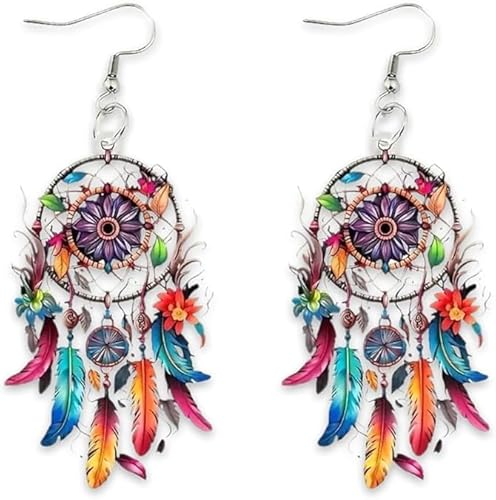 Dreamcatchers Plume Ohrringe, Acryl-Feder- und Blumen-Ohrringe für Frauen, bunter Traumfänger-Ohrhänger, as show, Wie abgebildet, Kein Edelstein von Generic