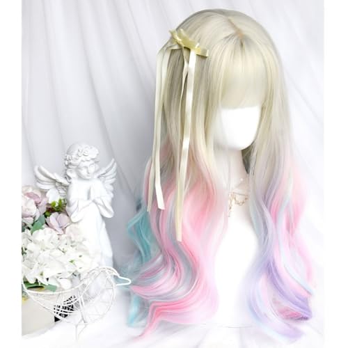 Dreamy Rainbow Multicolor Lange Gewellte Perücke Für Frauen Mädchen Party Halloween Lolita Cosplay Perücke Gradient Tägliche Perücken Mit Pony von Generic